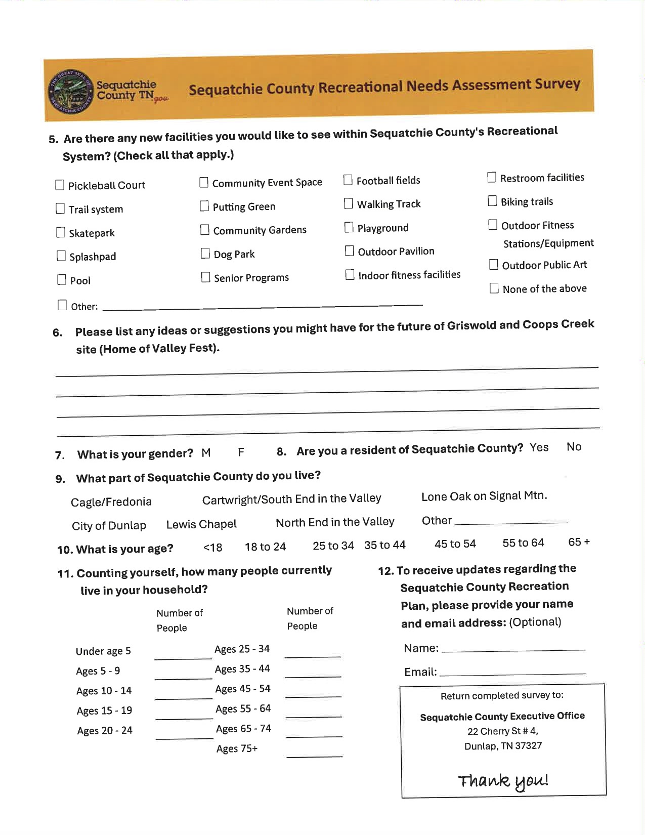 Sequatchie County Recreational Needs Assessment Survey Sequatchie