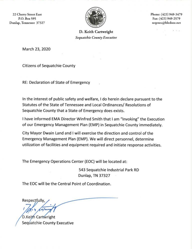 COVID19 Declaration of State of Emergency Sequatchie County Government Sequatchie County